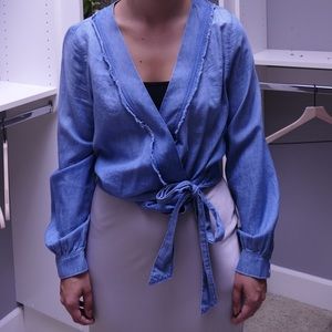 Denim long sleeve wrap top